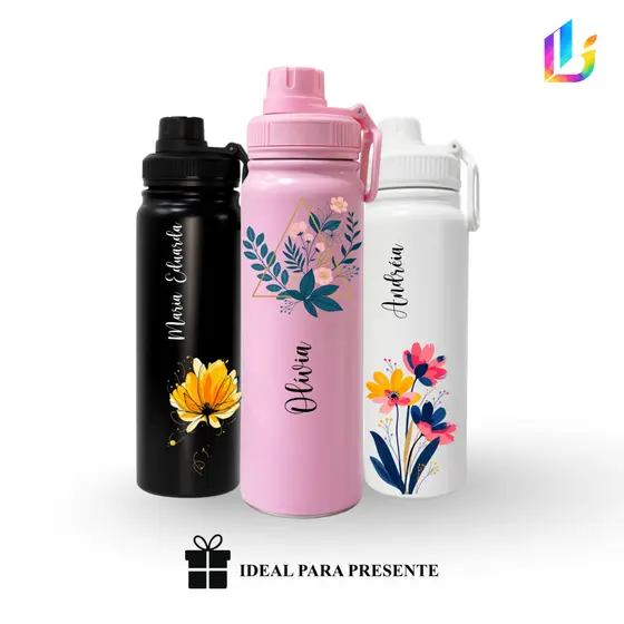 Garrafa Térmica Inox 800ml Personalizada Floral | Flores Aquarela | Geométrica | Nome Personalizado | Presente Delicado