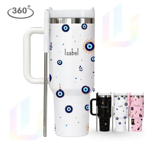 Copo Térmico Inox 1,2L Personalizado com Nome | Olho Grego | Místico | Canudo Inox | Presente Exclusivo