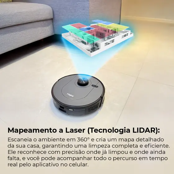 Robô Aspirador - Ropo Sense Mapeamento Laser, 13000 PA, Alexa/Google, Passa pano MOP