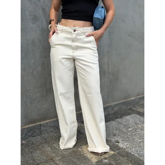 Calça Wide Leg Jeans Feminina Pantalona Cos Alto Casual Cintura Alta 100% Algodao