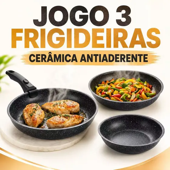 Conjunto de Panelas de Cerâmica Antiaderente de 3 Peças — Inclui Frigideira Antiaderente para Preparo sem Óleo