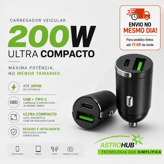 Mini Carregador Veicular Turbo Automotivo USB + Tipo C ou USB + USB Carregamento Rápido Dual Porta 12V 24V