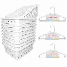 Kit 20 Cabides Infantil Branco + 10 Cestos Infantil Plástico Reforçado Criança Bebê Organizador Completo