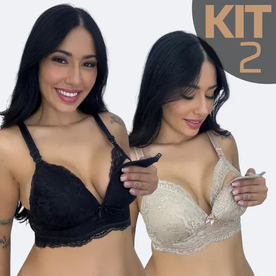 KIT 2 Sutiã Amamentação Premium Bojo Soft Não Amassa De Renda Reforçado Maternidade Gestante Pós Parto Confortável