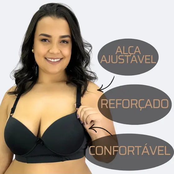 Sutiã Feminino Com Bojo Plus Size Reforçado Dia a Dia Bojão Alça Larga Fecho Triplo Forro Algodão