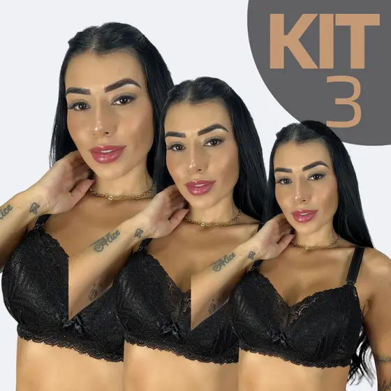 KIT 3 Sutiã Amamentação com Bojo Soft Renda Reforçado Sustentação Pós Parto