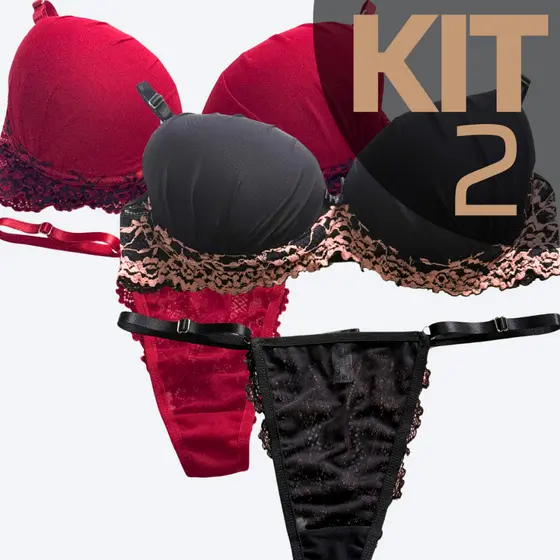 KIT 2 Conjunto Sutiã Com Bojo Calcinha Fio Dental De Renda E Tule Sensual Premium Sutian Lindo Rendado Bicolor