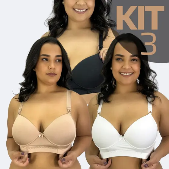 KIT 3 Sutiã Feminino Com Bojo Plus Size Reforçado Dia a Dia Bojão Alça Larga Fecho Triplo Forro Algodão