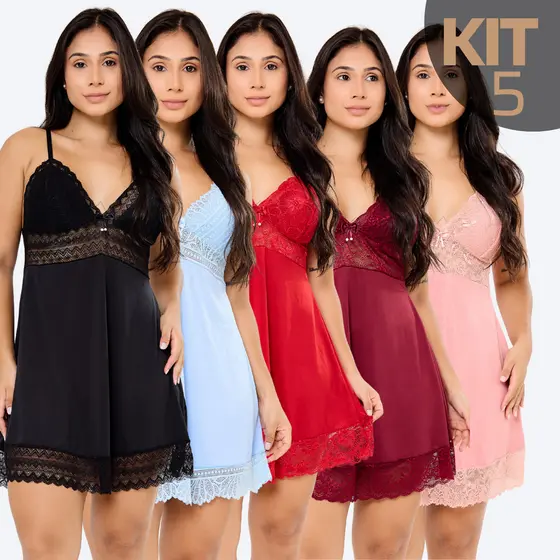 KIT 5 Camisolas Feminina Sem Bojo Curta Com Decote Microfibra Renda Sensual