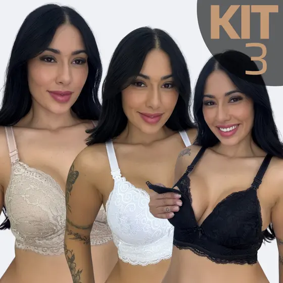 KIT 3 Sutiã Amamentação Premium Bojo Soft Não Amassa De Renda Reforçado Maternidade Gestante Pós Parto Confortável