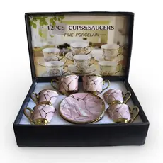 Jogo 12 Xícaras e Pires Porcelana Fina Luxo 5 Cores Caixa Presente Café Chá Decoração Casa
