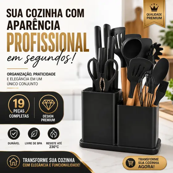 Kit Utensílios Cozinha Silicone 19 Peças Cabo Madeira Antiaderente Completo