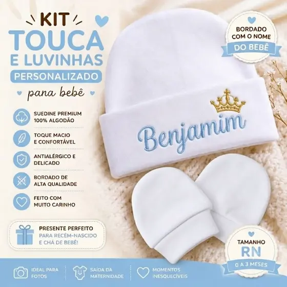 kit Touca e par de luvas  Bebê  RN em Suedine Personalizada RN ao 3 Meses menina, menino,Confortável