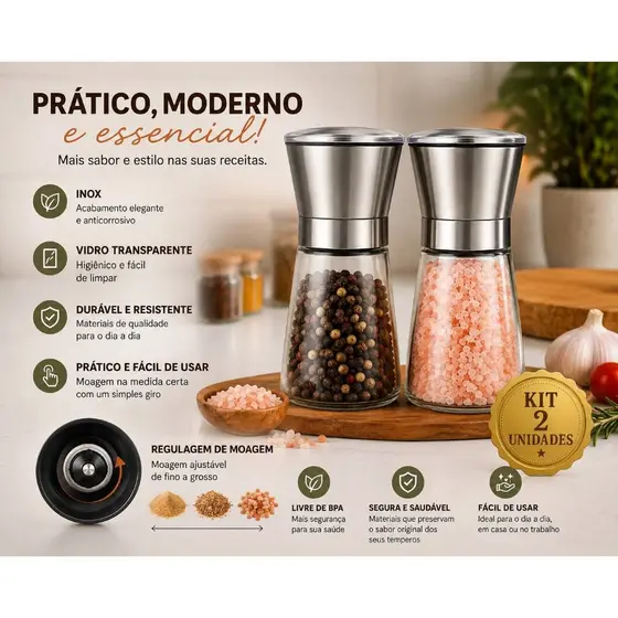 Moedor De Sal ou Pimenta Manual Inox Vidro Regulável Tempero Cozinha