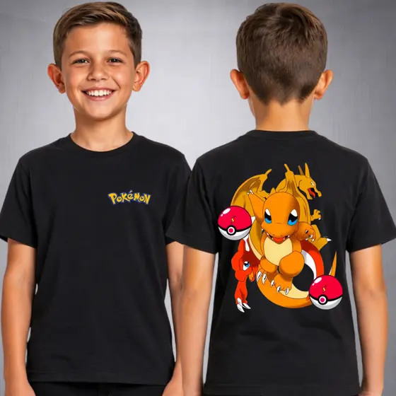 Camiseta Infantil Menino Blusa De Algodão Estampa Pokemon Ash Picachu Charmander Bubassauro Squirtle