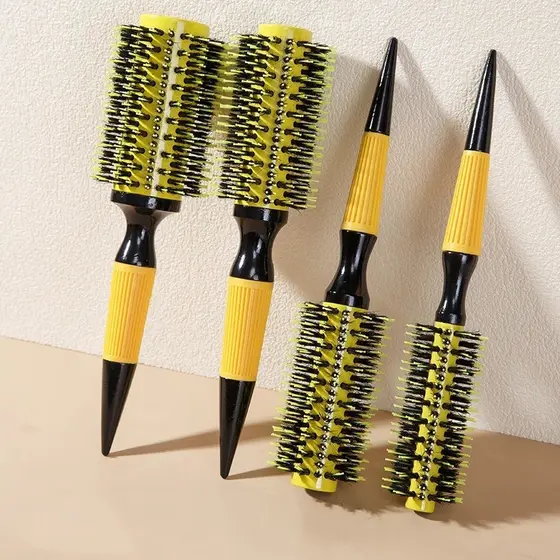 Escova De Cabelo Térmica Amarela Cerdas De Javali Mista Madeira