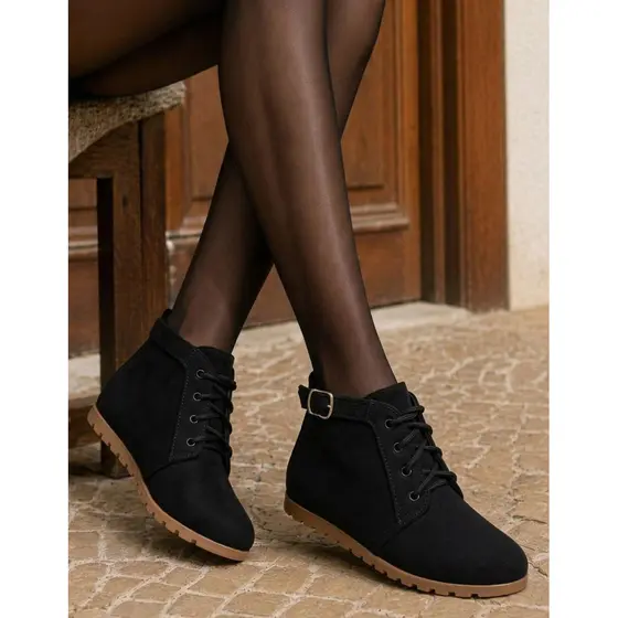 Bota Feminina Cano Curto Casual Confortável Cadarço Fivela Leve