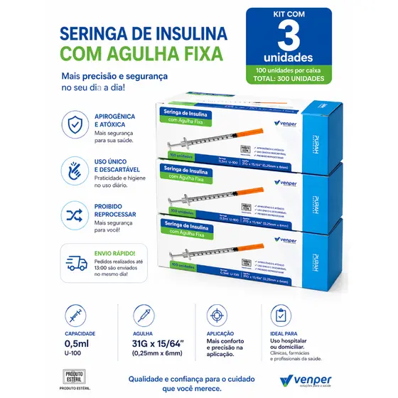 Kit Econômico 300 Seringas 0,5ml U-100 31G | Agulha Fixa | Alta Precisão