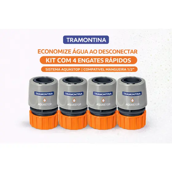 Kit 4 Engates Rápido Aquastop Tramontina 1/2"  Mangueira Jardim  Conector Stop Água Torneira