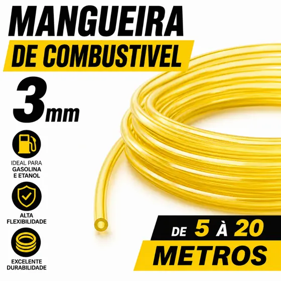 Mangueira Combustível Gasolina 3mm Interno Amarela Carro Moto 5 Metros 10 Metros 15 Metros 20 Metros