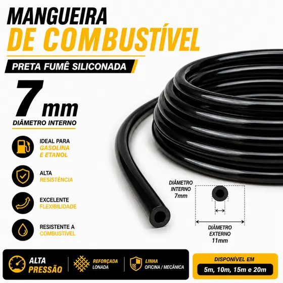 Mangueira Combustível Gasolina 7mm Interno Preta  Carro Moto 5 Metros 10 Metros 15 Metros 20 Metros-