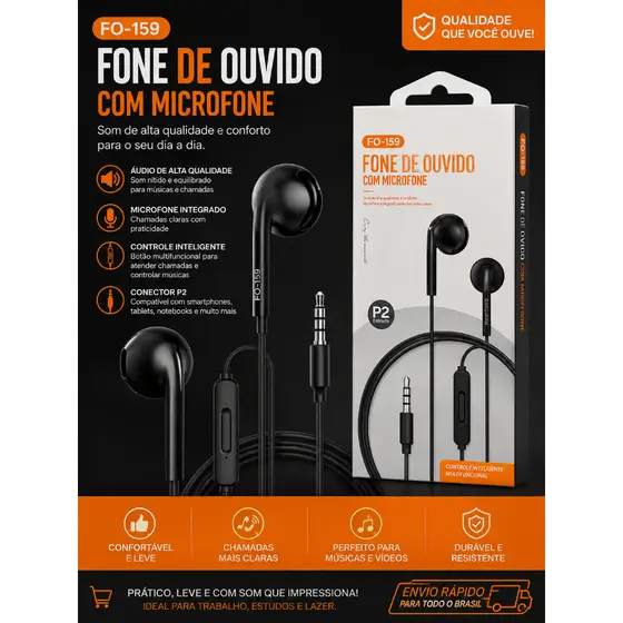 Fone De Ouvido Com Fio Com Microfone P2 3.5mm Grave Forte Compatível Android Iphone Notebook.