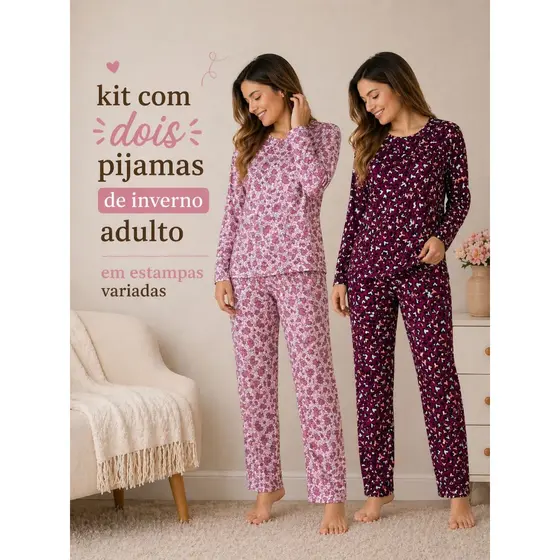kit 2 Pijama Longo Inverno Adulto Feminino Suede Conjunto Quente Confortável Elegante Variados