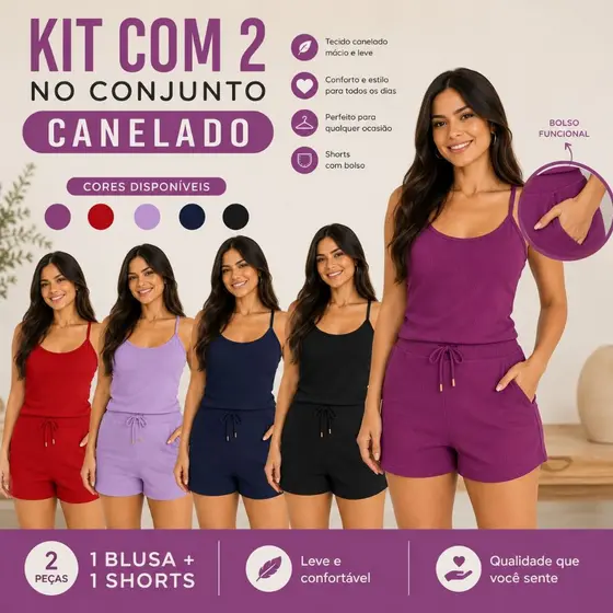 kit 2 Conjuntos feminino suede short e regata leve fresco conforto para o dia a dia