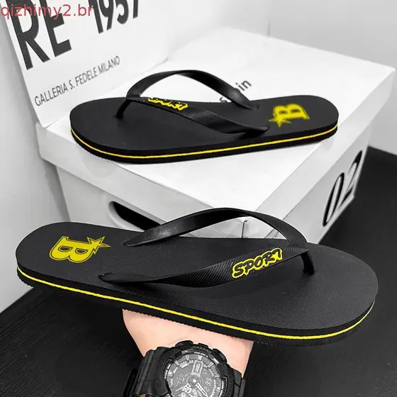 Chinelos Masculinos Da Moda Preto Amarelo Leve Casual Tanga Praia Sandálias Diárias