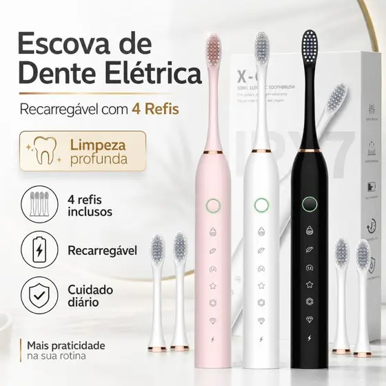 Escova de Dente Elétrica Recarregável com 4 Refis Limpeza Profunda
