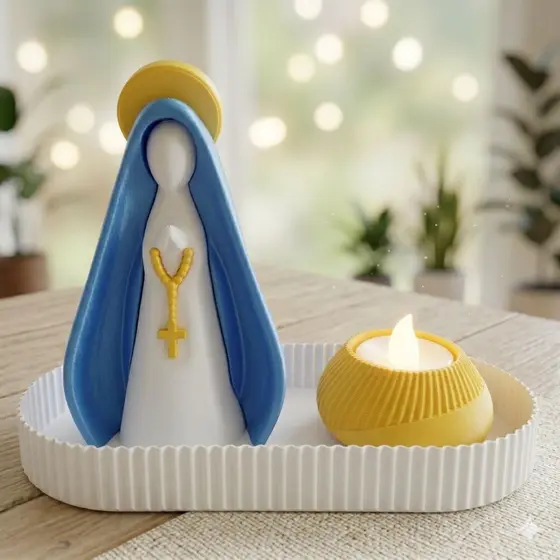 Kit Nossa Senhora Decorativa Porta Velas LED | Decoração Religiosa Católica | Presente Criativo | Imagem Moderna Bandeja