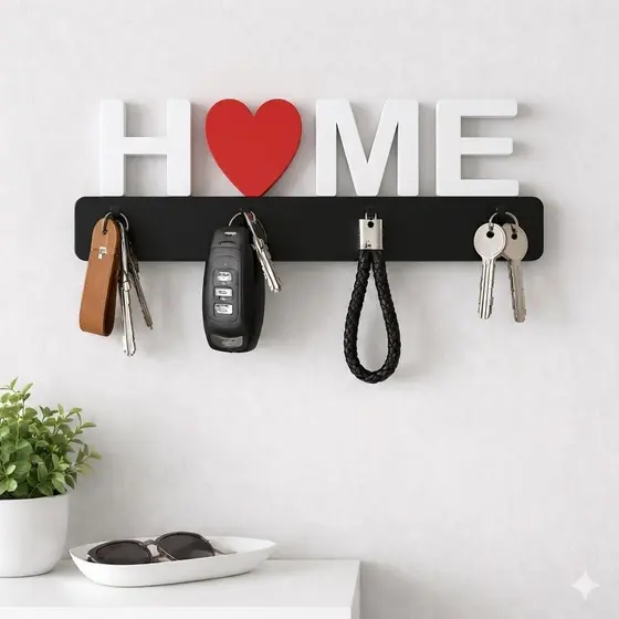 Porta-Chaves Decorativo Home com Coração | Organizador de Parede Moderno | Suporte para Chaves e Entrada Elegante