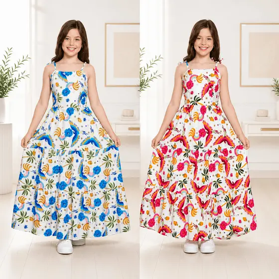 Vestido Longo Juvenil Estampado  Azul Rosa  Moda Menina Adolescente Estilosa 08 a 18 Anos Verão 2026