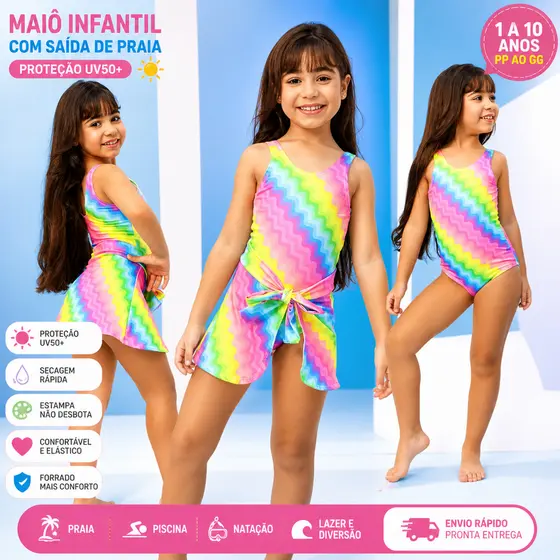 Maiô Infantil Sereia Menina UV50+ com Saída Praia Piscina Moda Verão 4 a 10 Anos Lindo