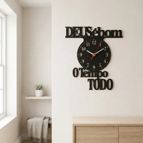 Relógio de Parede Decorativo  Deus é Bom o Tempo Todo em Mdf Casa e Decoração Preto