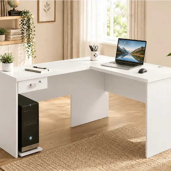 Escrivaninha gamer em L para home office estudos com gaveta, chave e suporte para cpu