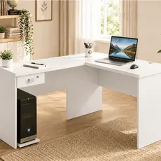 Escrivaninha gamer em L para home office estudos com gaveta, chave e suporte para cpu