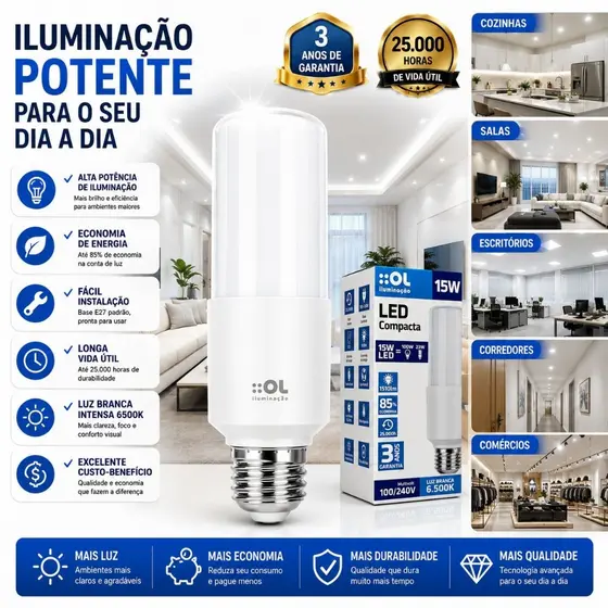 Lâmpada LED Compacta 9W E27 Luz Branca 6500K Bivolt | Envio Imediato