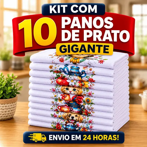 Kit com 10 Panos De Prato Gigante 75 cm x 45 cm 100% Algodão