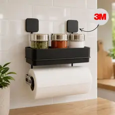 Porta Papel Toalha de Parede com Suporte para Temperos Pastilha Preto Organizador Cozinha
