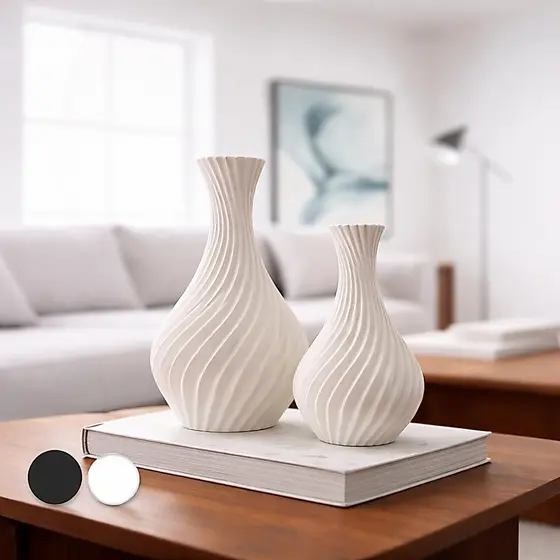Kit 2 Vasos Decorativos Modernos em Plástico Espiral para Sala Mesa Aparador Branco ou Preto