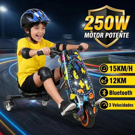Triciclo Infantil Elétrico Drift 350W LED Bluetooth 3 Velocidades Kart Criança | Kit Proteção