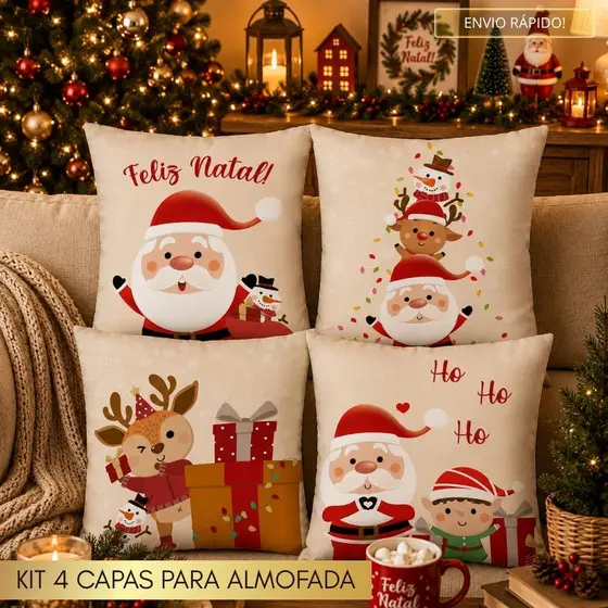 Kit com 4 Capas de Almofada Decorativas Natalinas Natal 45x45cm Papai Noel e Amigos