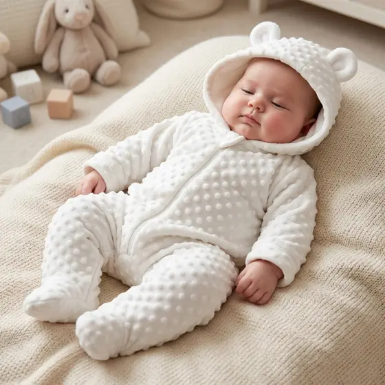 Macacão Bebê Soft Pelúcia Pipoquinha Com Capuz E Zíper Urso Inverno Fleece Quentinho Roupa De Frio