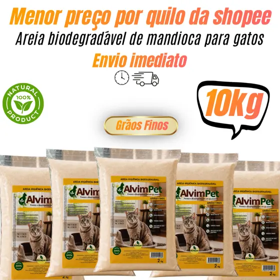 Areia de Mandioca Biodegradável Grãos Finos AlvimPet - Kit c/ 5 pacotes de 2kg (10kg de Areia Higiênica para Gatos)