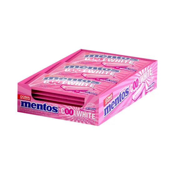 Gomas de Mascar, Sem Açúcar, Sabor Tutti-Frutti Fresh, Display, Mentos, 3 Camadas Cool White - 127,5 g | 15 Unidades