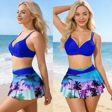 Conjunto Biquíni Feminino com Estampa Tropical Saia Bikini de Ideal para Verão e Piscina