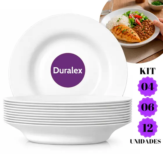 KIT 12/04 Pratos Opaline Menu Fundo Branco 23Cm Vidro Liso Duralex Temperado Jantar Hotel