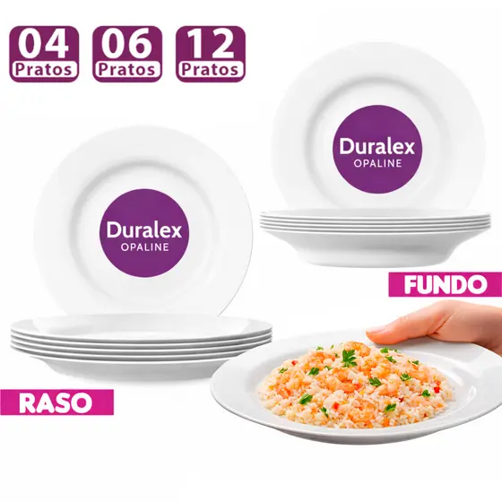 Jogo de Pratos 12/06UN Pratos Menu Duralex Liso Fundo e Raso Opaline Jantar Vidro Liso Chique