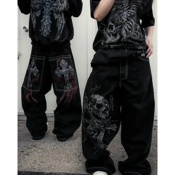 Jeans Folgados Punk Harajuku Wasteland Agora Impressão Ao Vivo Bolso Grande Cruz Hip Hop Y2K Calças De Trabalho